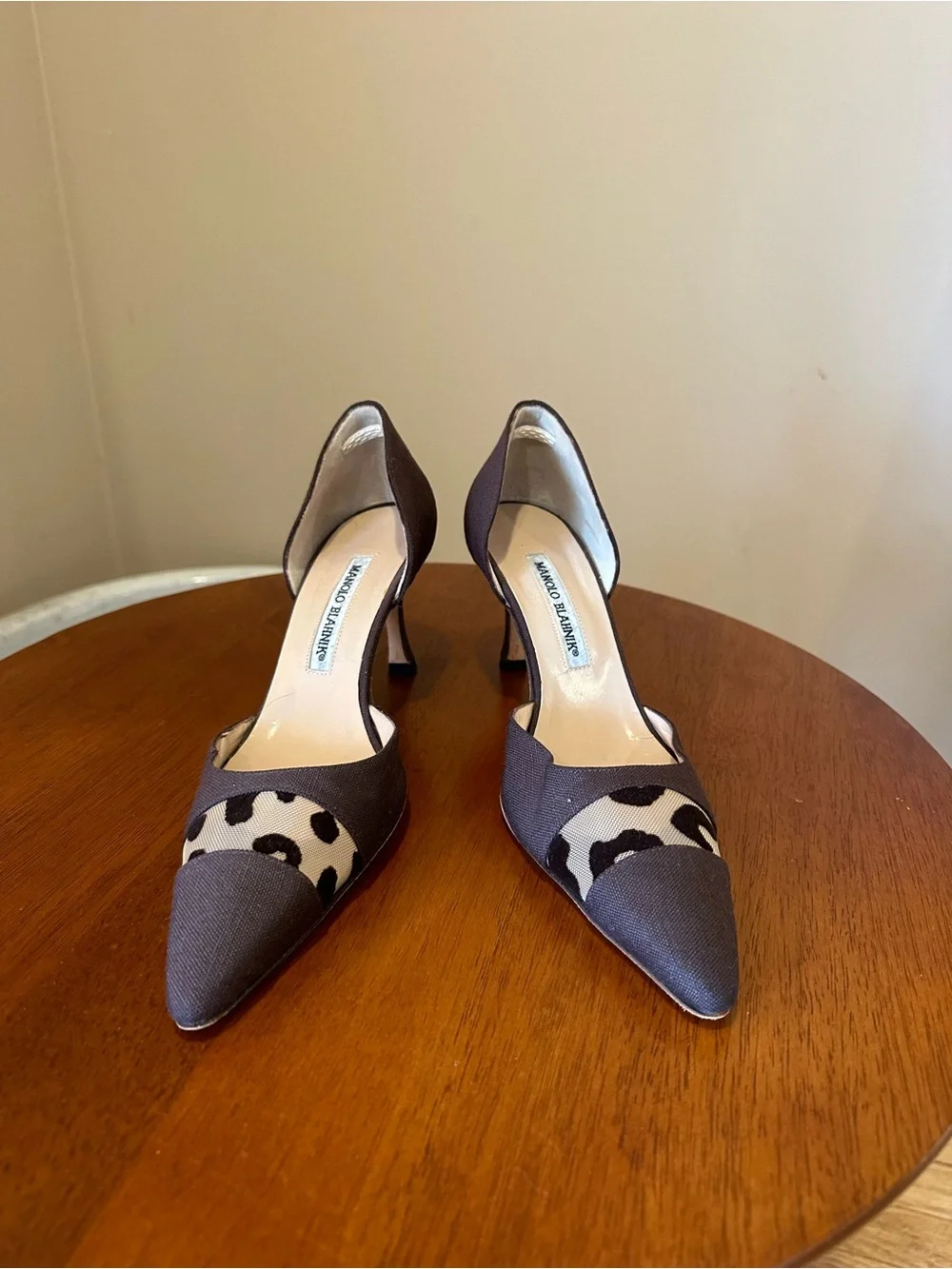 Manolo Blahnik Brown Pointed D'Orsay Pumps with Black-and-Cream Animal Panel